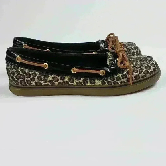 Sperry Top Sider Boat Shoes Sparkly Leopard Brown Black Raw Hide Lace Size 7.5M - Picture 10 of 16